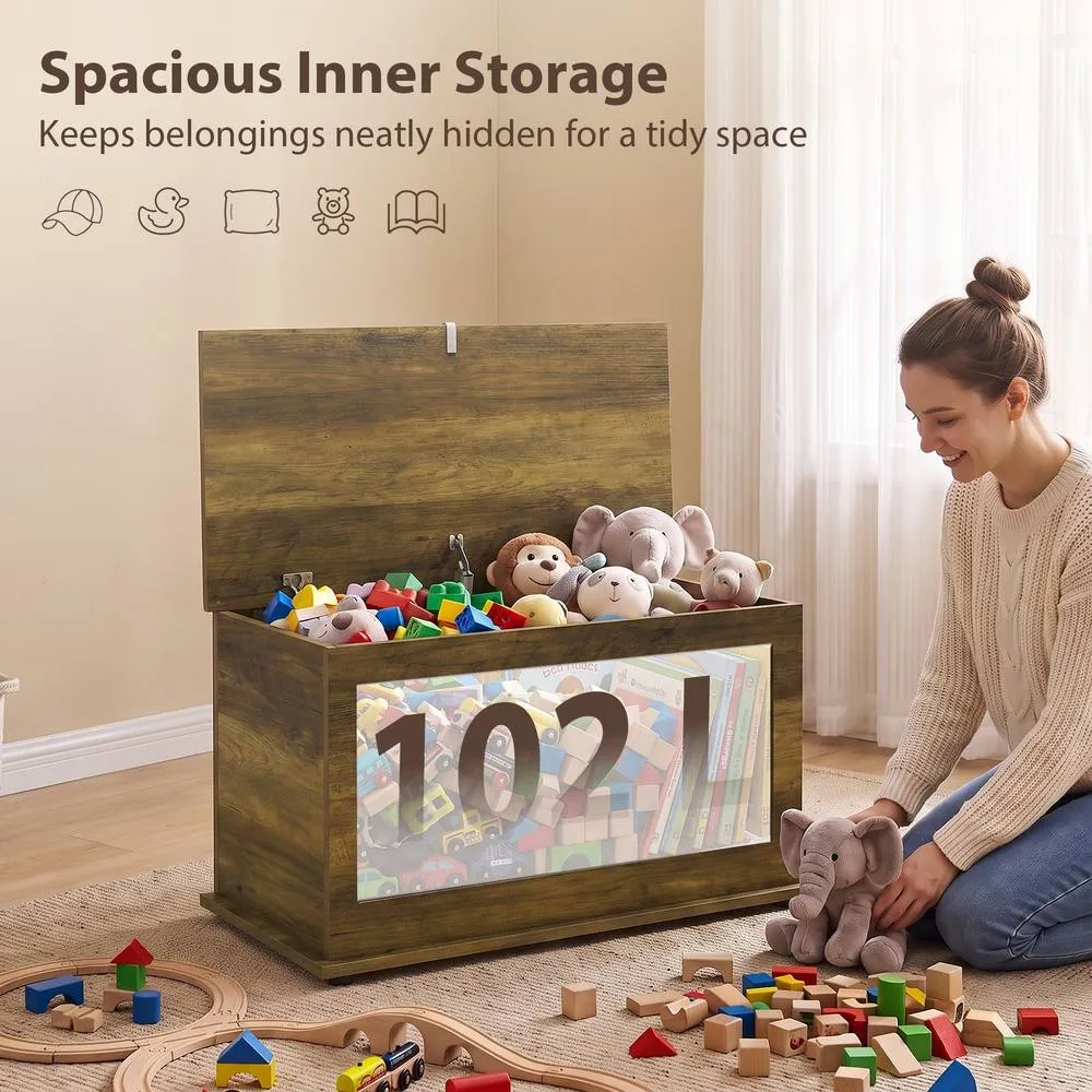 HOMCOM Storage Chest with Safety Hinged Lid, 102L Storage Box, Brown 4