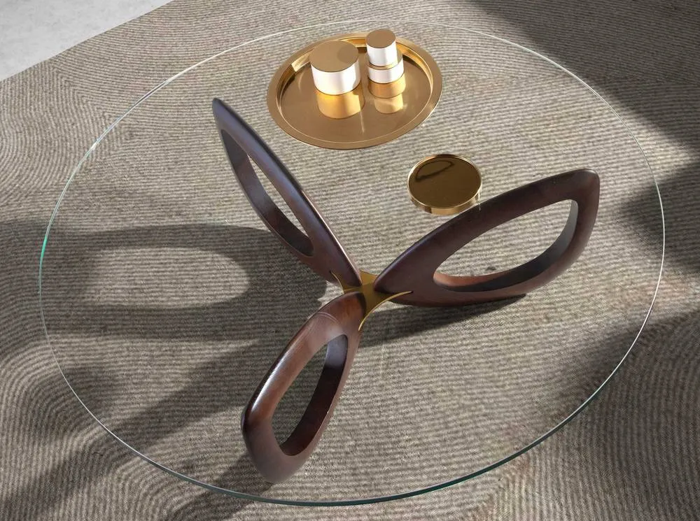 Angel Cerda Round Glass Coffee Table with Walnut Legs in Dark Brown 3