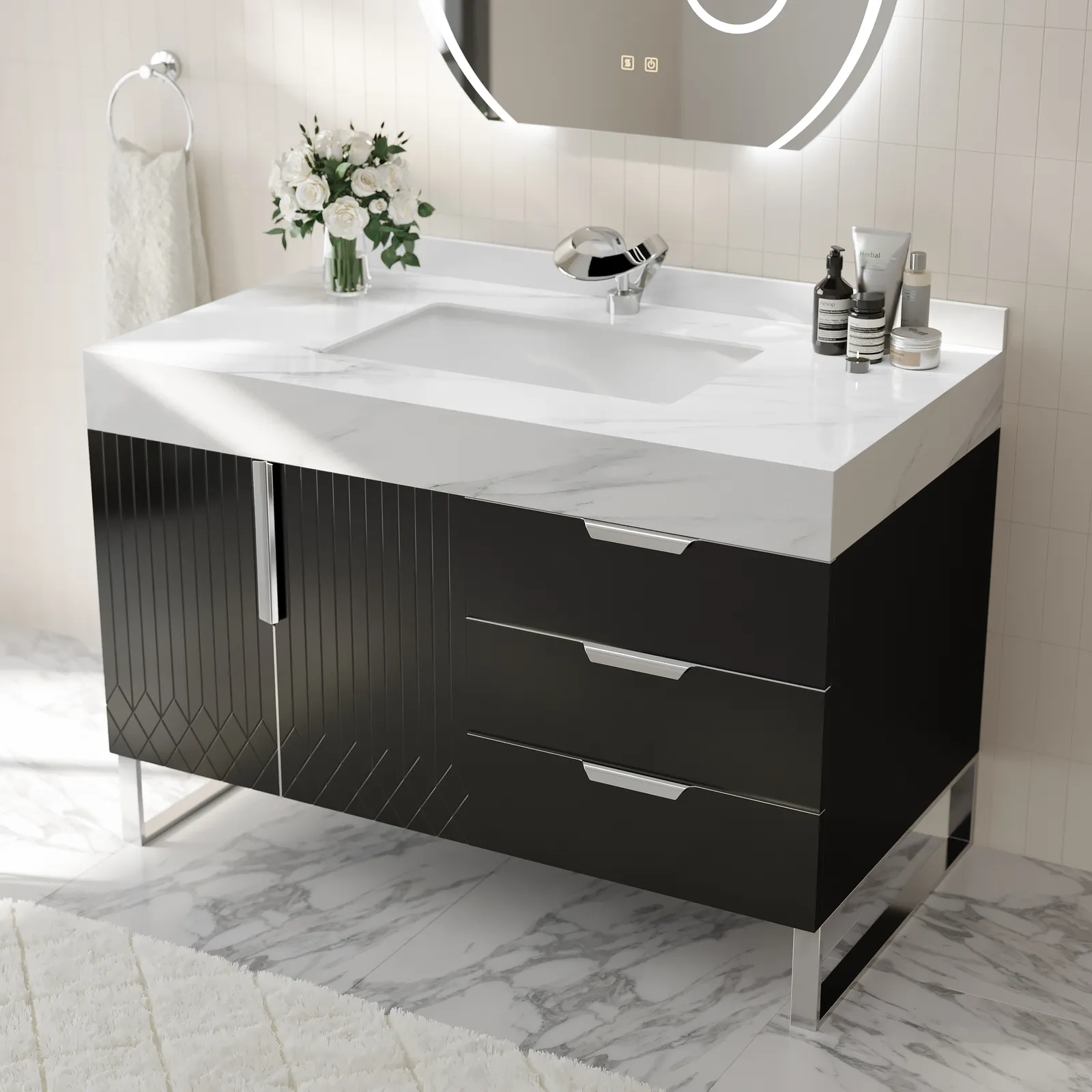 Aro 90 cm Black Freestanding Ceramics Basin Bathroom Vanity Drawers Faux Marble Top