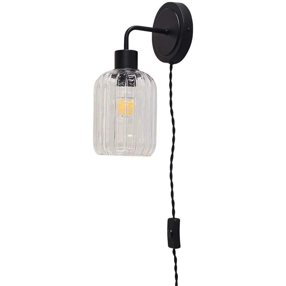 First Choice Lighting Toby - Black Plug in Wall Light with Lozenge Ribbed Glass Shade