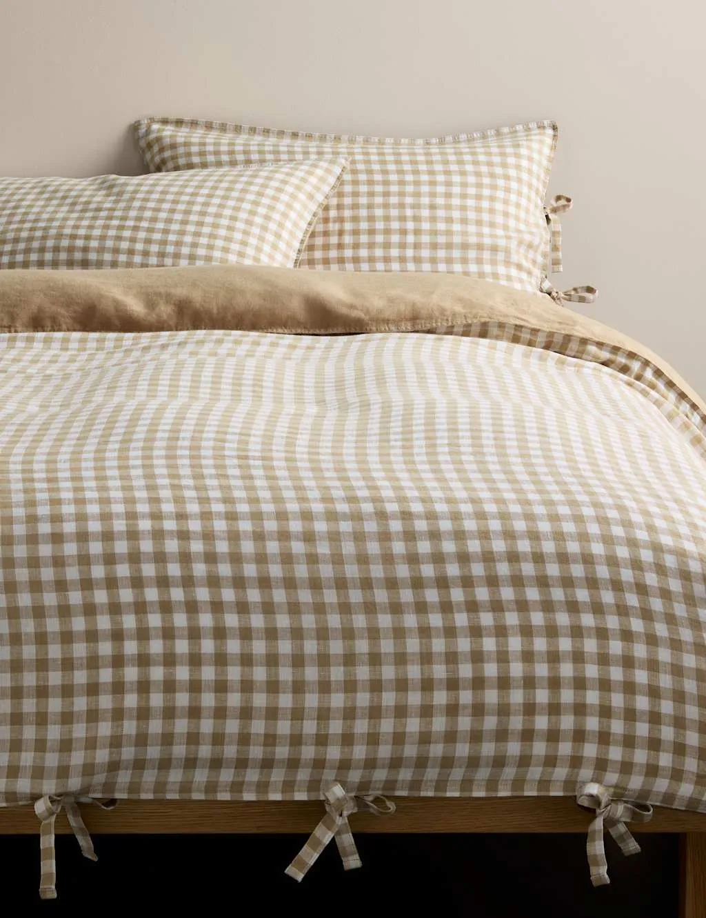 M&S Pure Linen Gingham Bedset Neutral