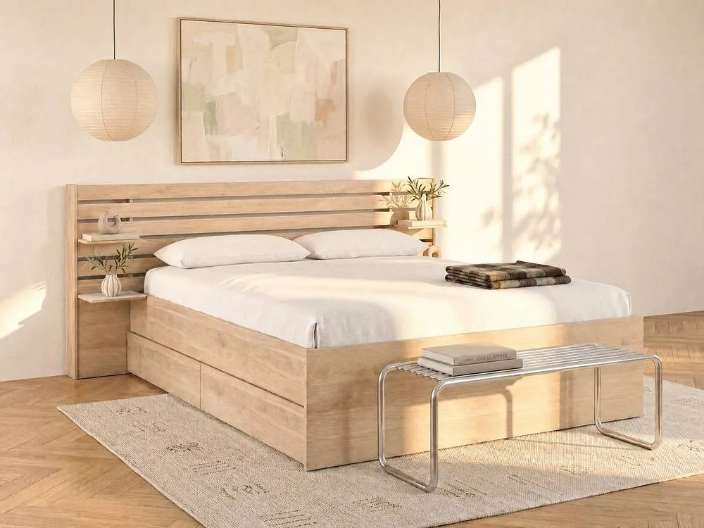 Vente-unique 140 X 190/200 Cm Bed With Storage - Natural + Bed Base - TENALIA II in Light Oak 3