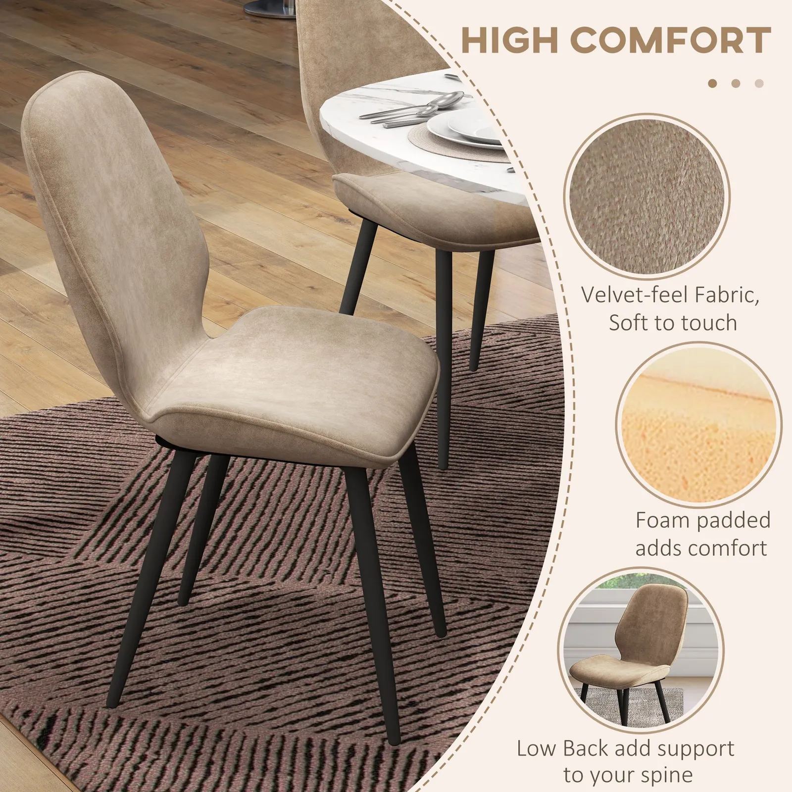 HOMCOM Dining Chairs Set of 2, Upholstered Kitchen Chairs with Metal Legs in Brown 5