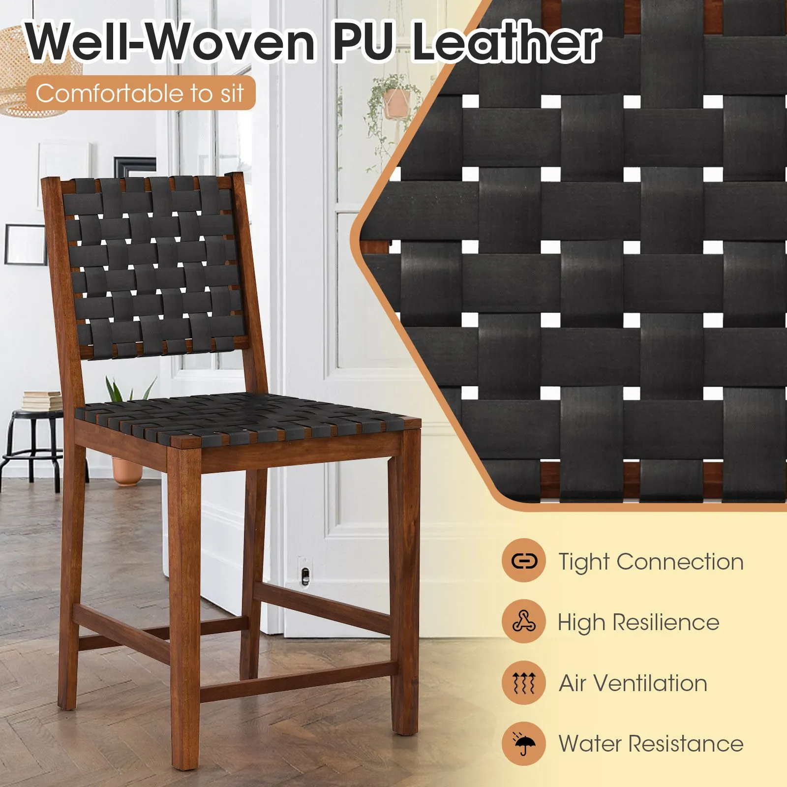 Costway Woven Bar Stools Set of 2 Counter Height Chairs w/ Faux PU Leather Straps in Brown 5