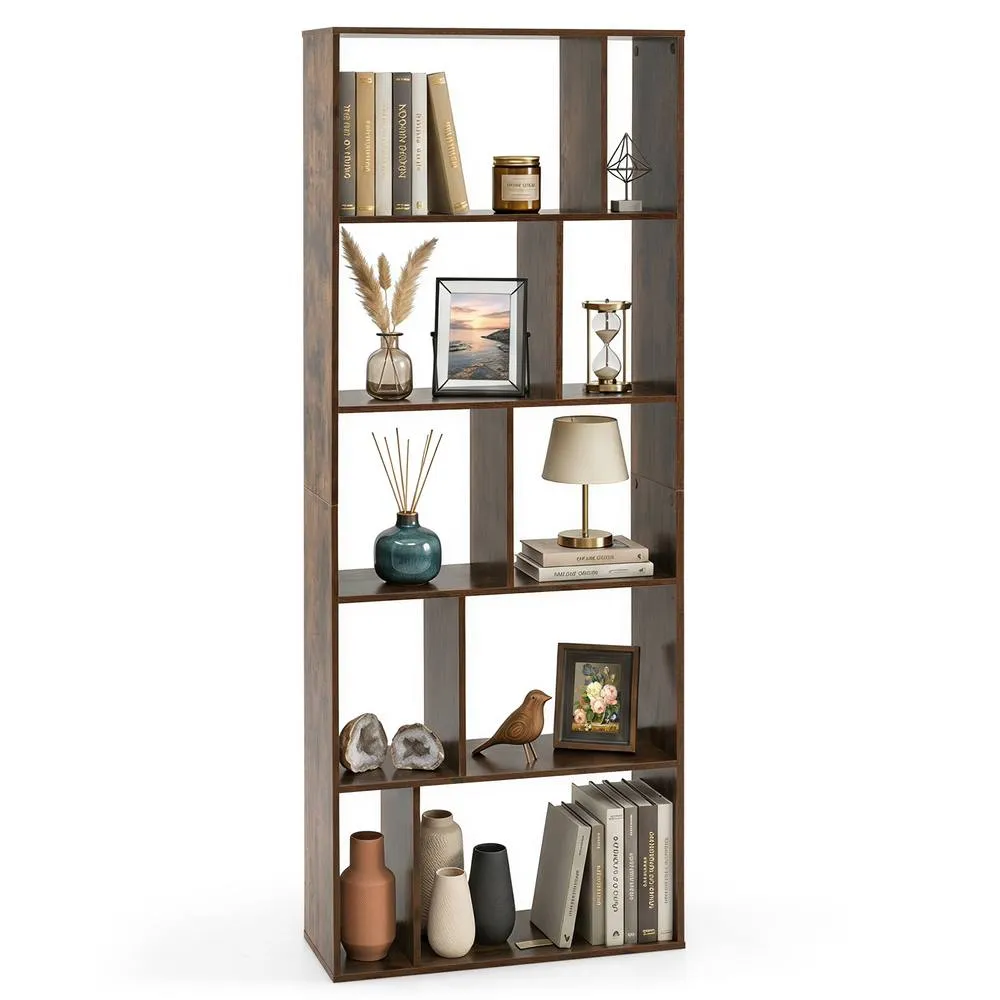 Costway 5-Tier Geometric Bookshelf with 10 Open Cubbies in Brown 3