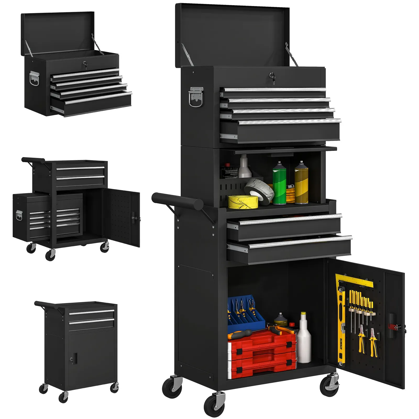 HOMCOM Tool Cabinet with 6 Drawers, 3-in-1 Rolling Tool Chest with Wheels in Black 2