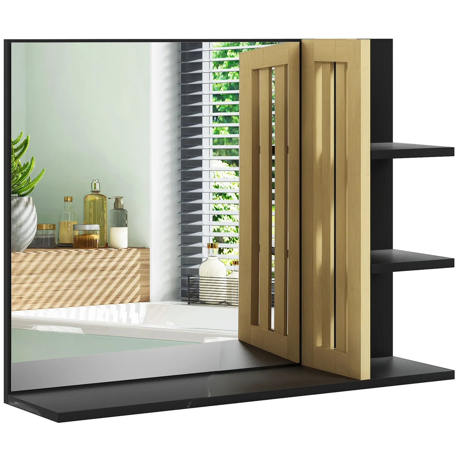 HOMCOM Modern Wall Mounted Bathroom Mirror with 4 Storage Open Shelves Black 2
