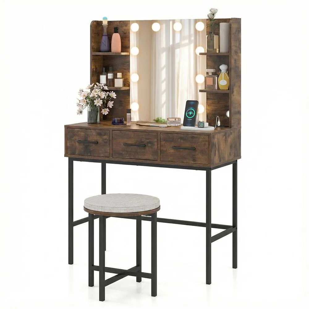 Costway Vanity Desk w/Mirror & Lights Makeup Table & Stool Set w/Power Outlets in Brown