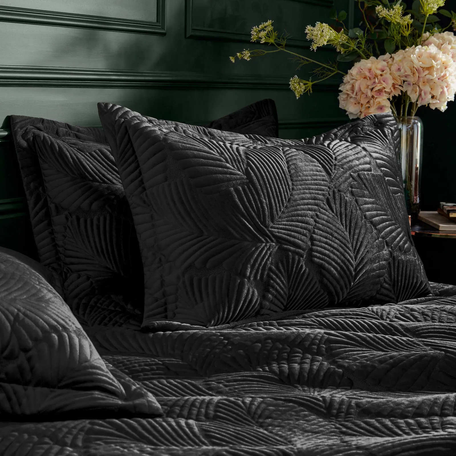 Paoletti Palmeria Quilted Velvet Duvet Cover Set in Black 3