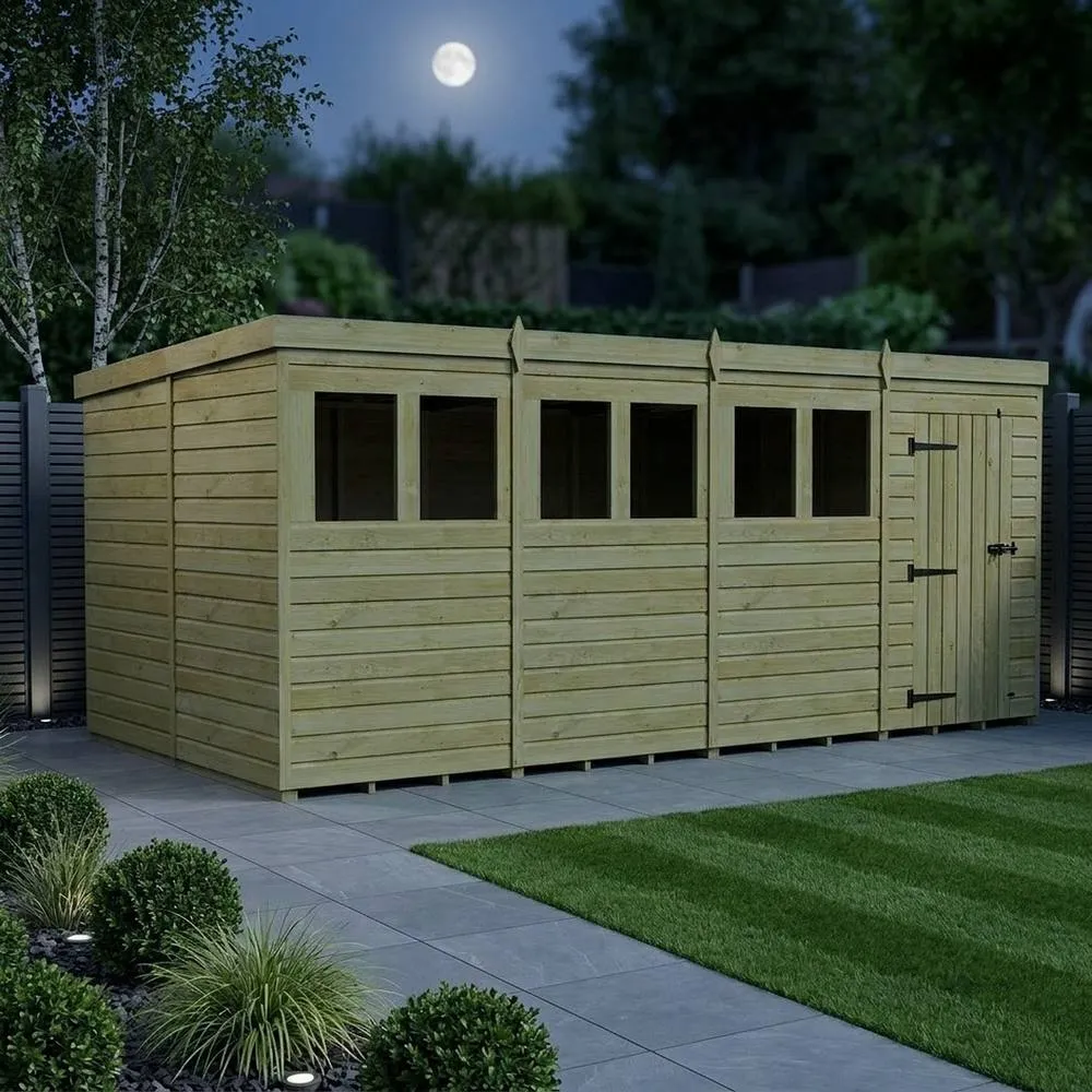 Buttercup Farm 16ft x 10ft Pent Garden Shed Single Door With Windows - Timber in Brown 3