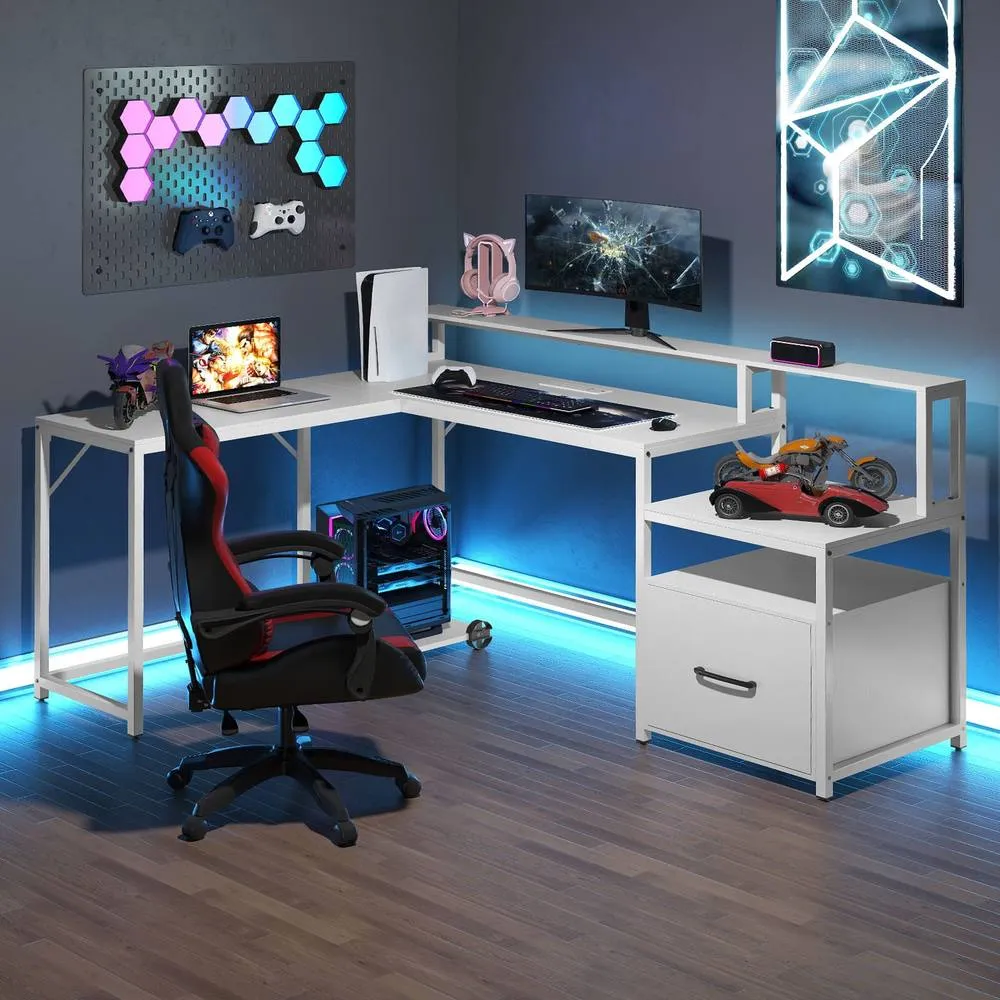 Costway L-shaped Desk Home Office Desk with File Drawer in White 3