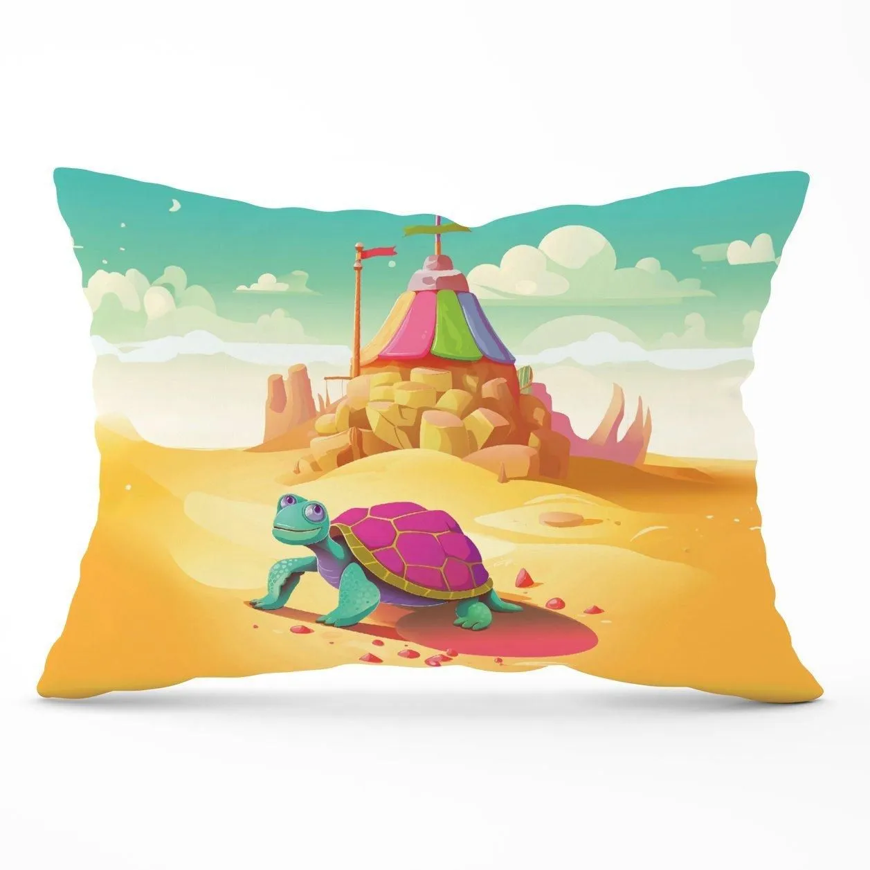 Warren Reed - Designer Turtle On A Beach Holiday Cushions in Yellow