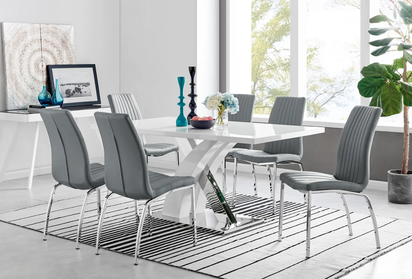 FurnitureboxUK Atlanta Modern Rectangle Chrome Metal High Gloss White Dining Table & 6 Isco Chairs Set in Grey
