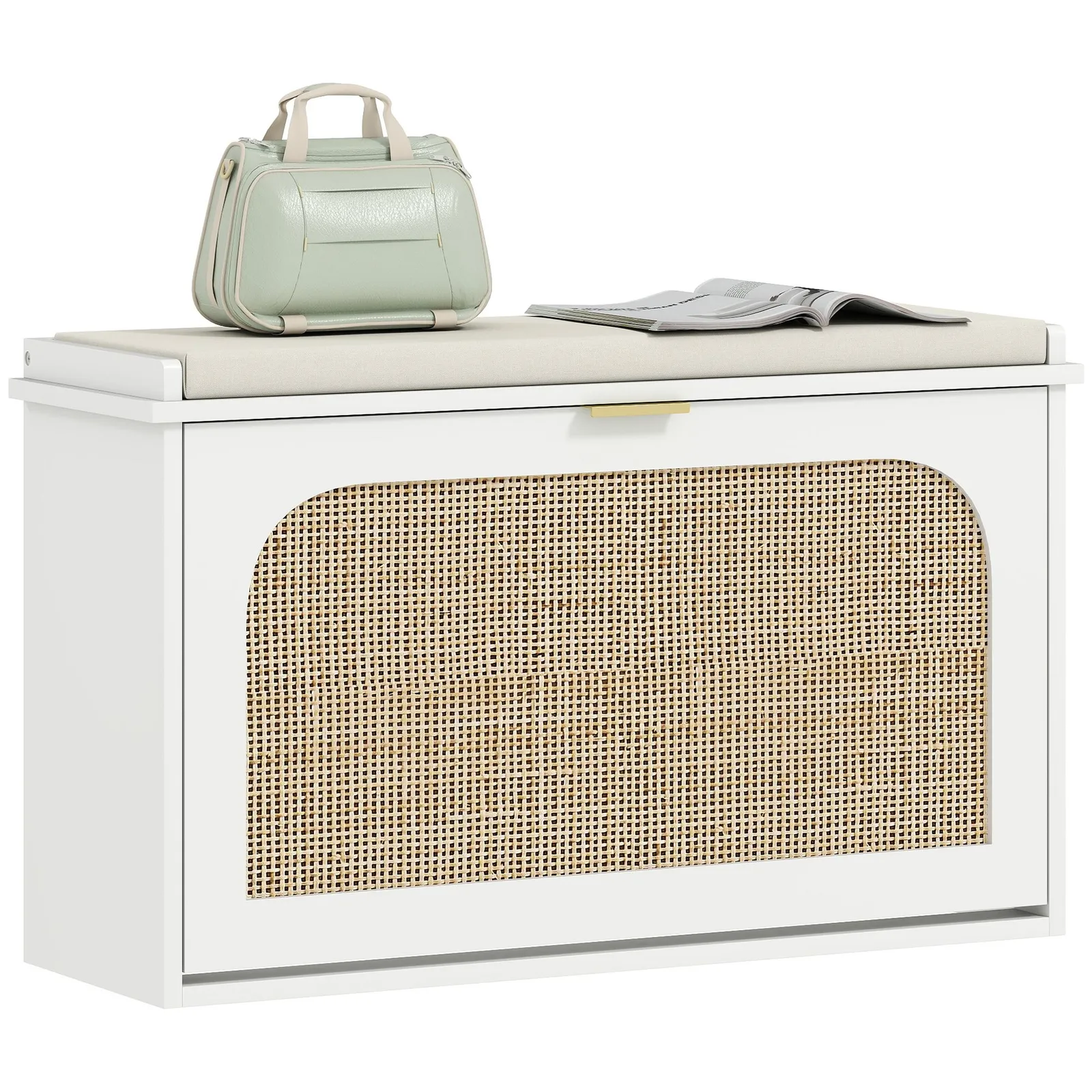 HOMCOM Boho Shoe Bench with Padded Seat & Flip-Drawer in White 2