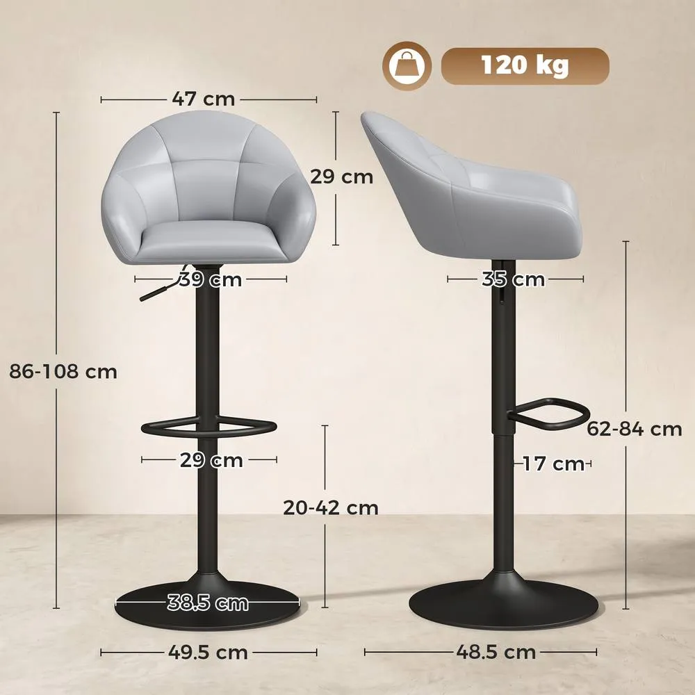 HOMCOM Bar Stools Adjustable Height Backrest Set of 2, Grey 3
