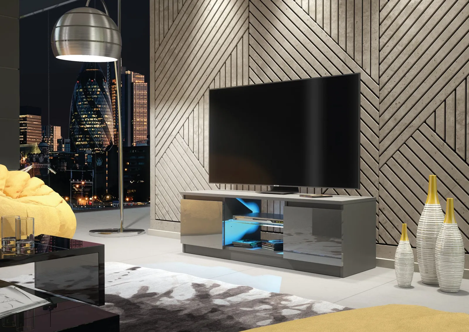 Creative Furniture Aura TV Unit 120cm - A Compact & Contemporary Cabinet with Gloss Doors & LED Lights in Dark Grey 5