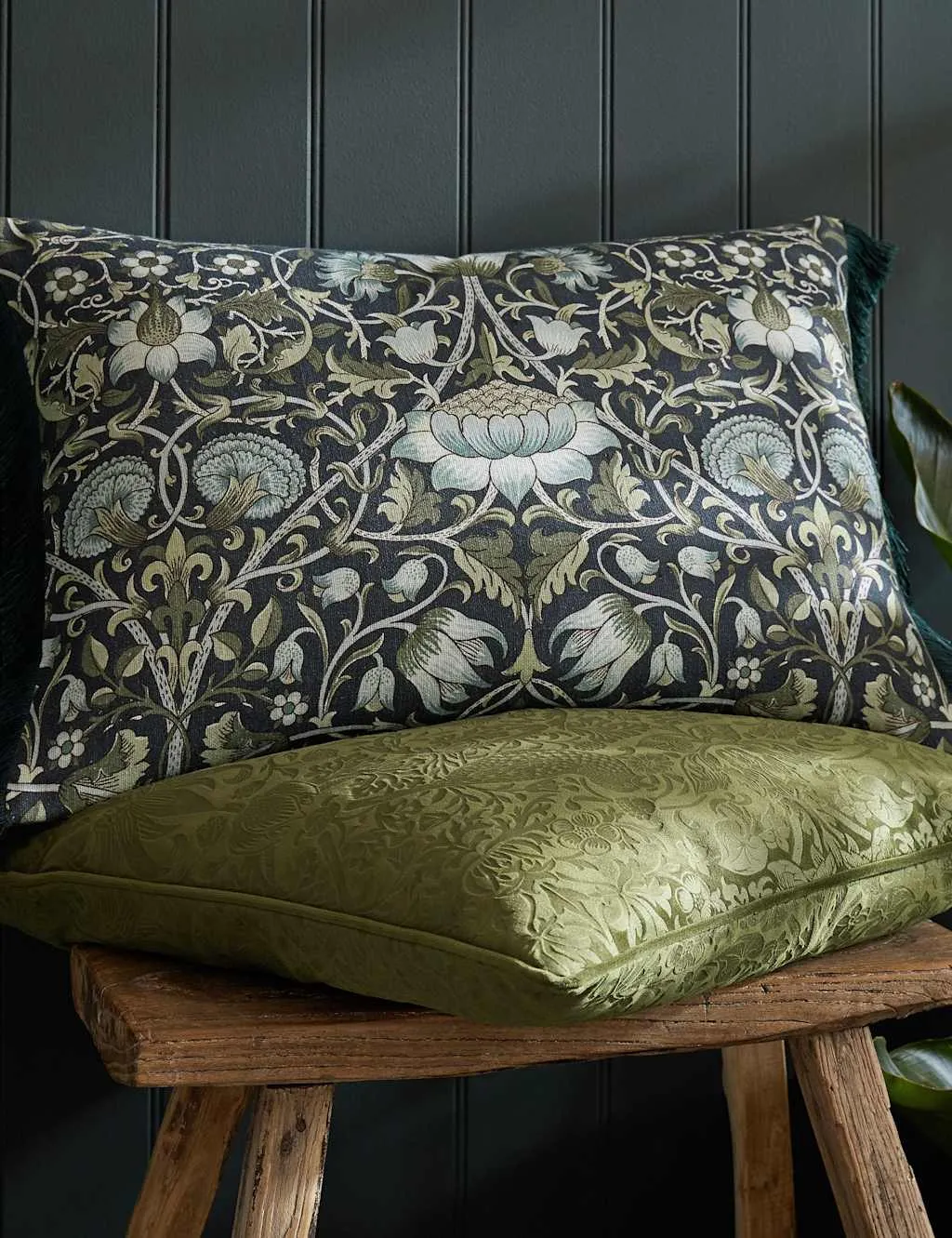 William Morris At Home Velvet Strawberry Thief Cushion Dark Green