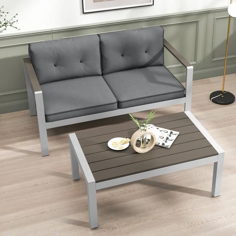 Costway Aluminum Outdoor Coffee Table Garden Modern Rectangular Cocktail Table in Grey 4