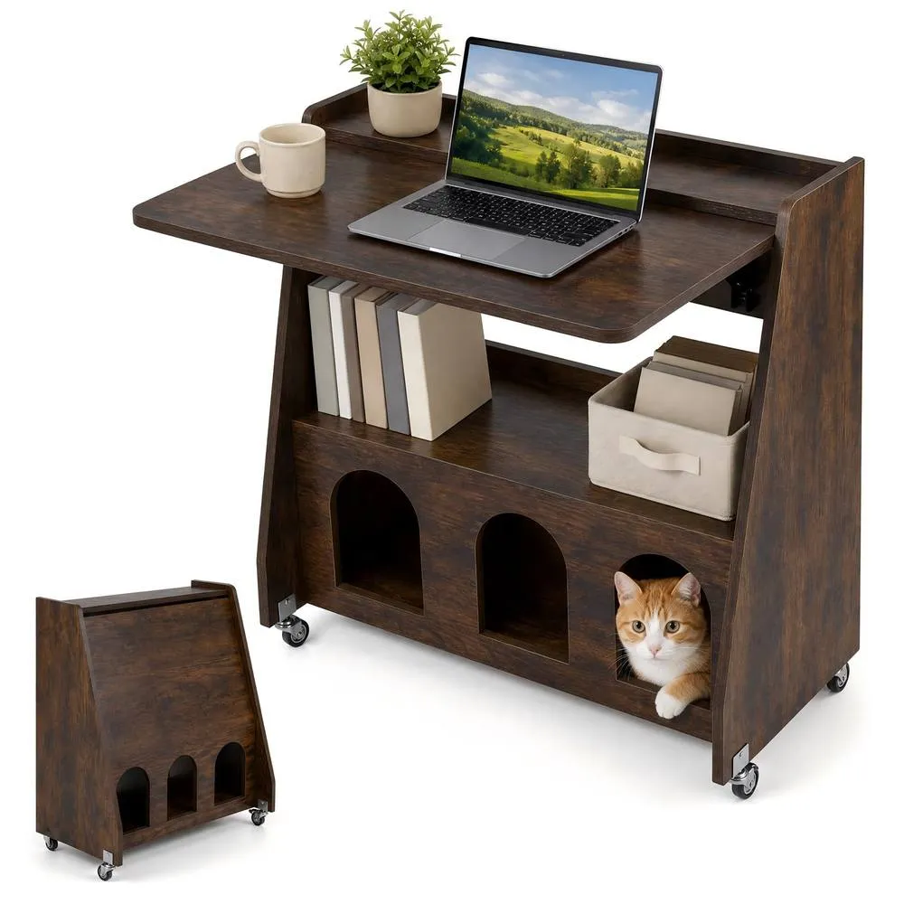 Costway Folding Desk on Wheels Brown Drop Leaf Writing Desk w/ Storage