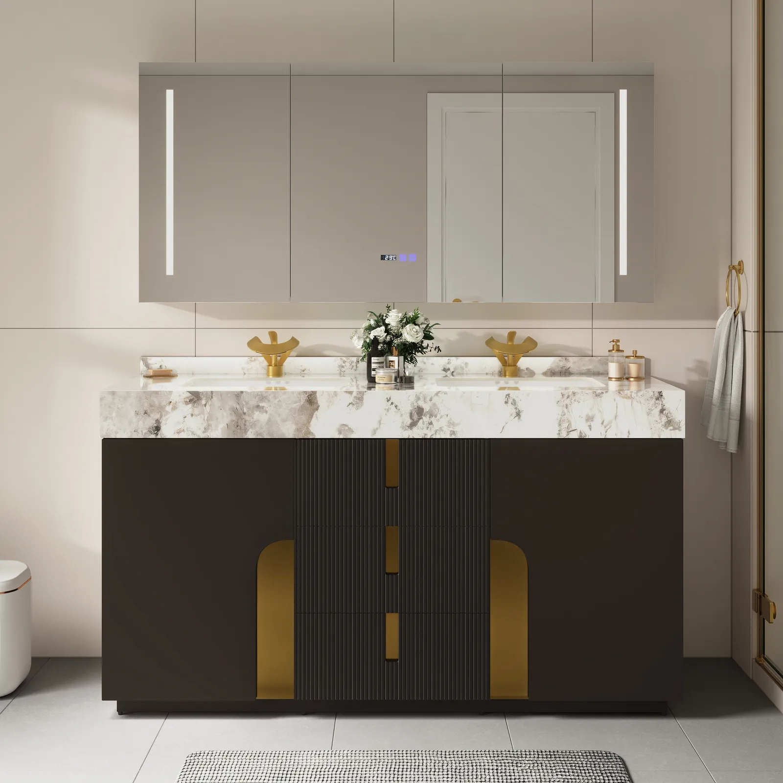 Artis 150 cm Double Sink Bathroom Vanity with Sintered Stone Countertop, 3 Drawers