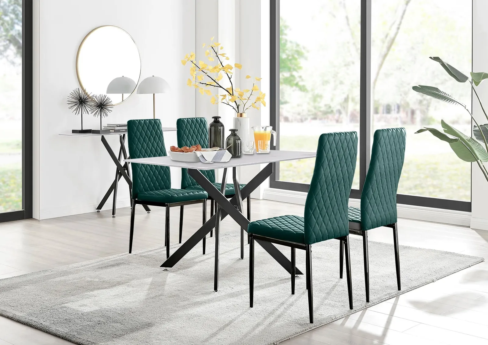 FurnitureboxUK Leonardo White Glass Marble Effect Black Leg Table & 4 Velvet Milan Black Leg Chairs in Green 1