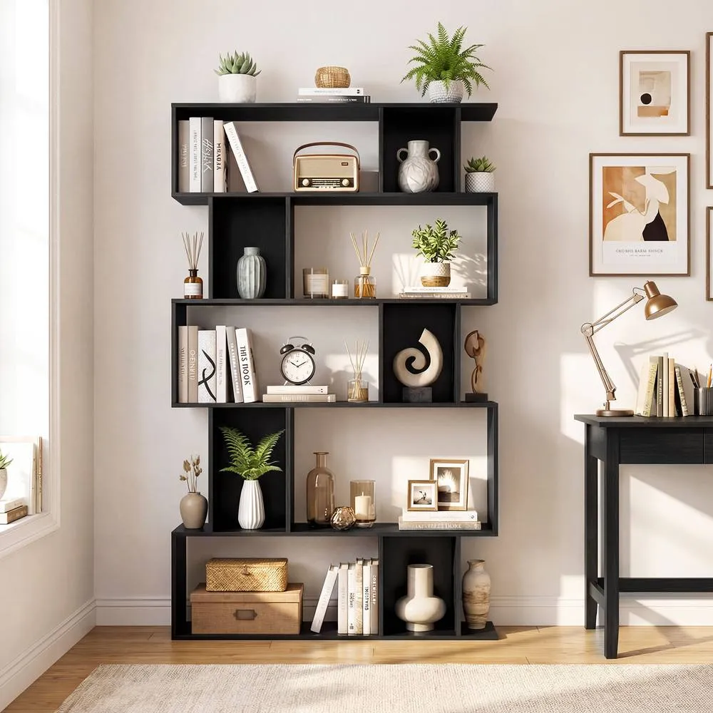 Costway Geometric Bookshelf 5-Tier Bookcase with Open Shelves in Black 3
