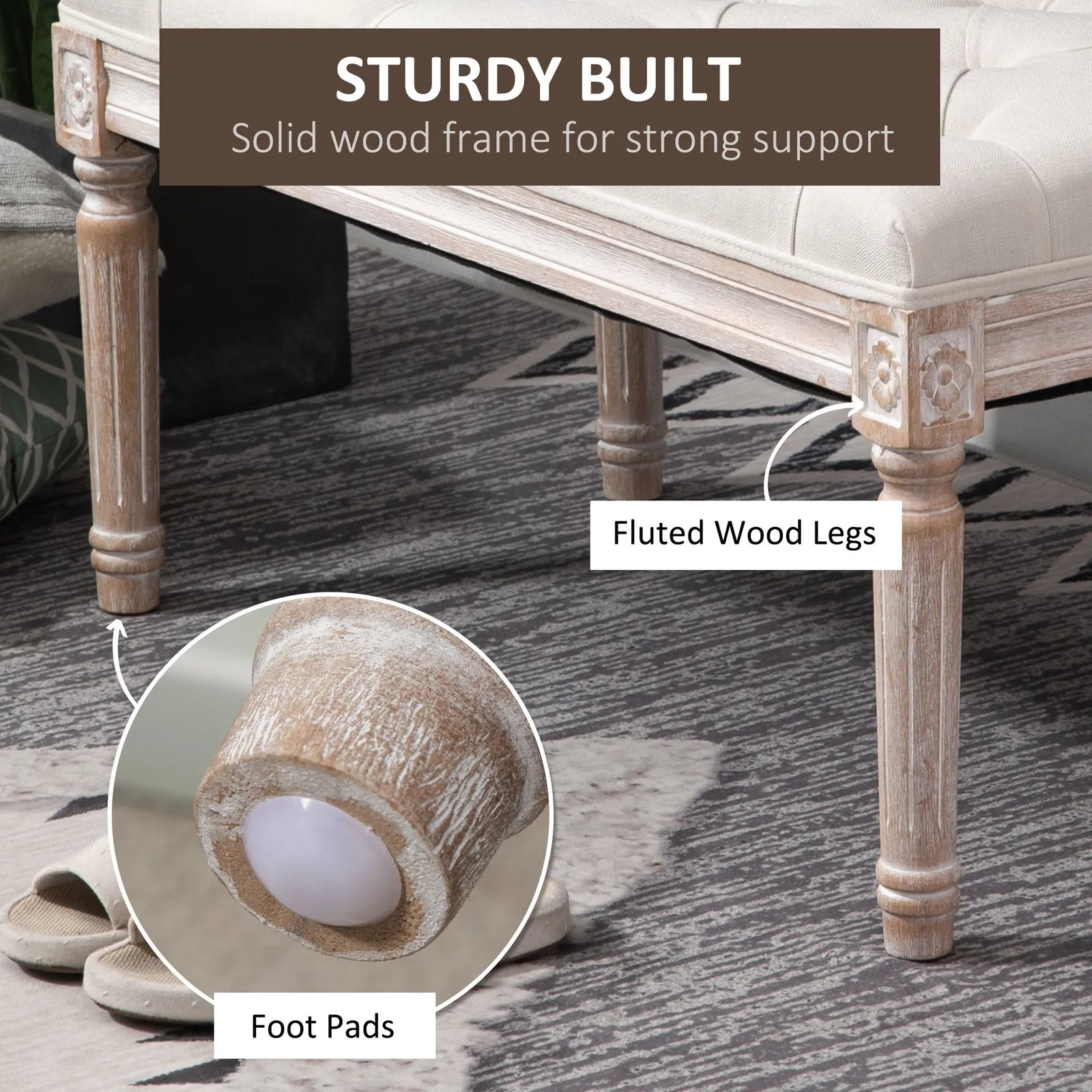 HOMCOM Accent Bench Tufted Upholstered Foot Stool Linen-Touch Ottoman in Beige 6
