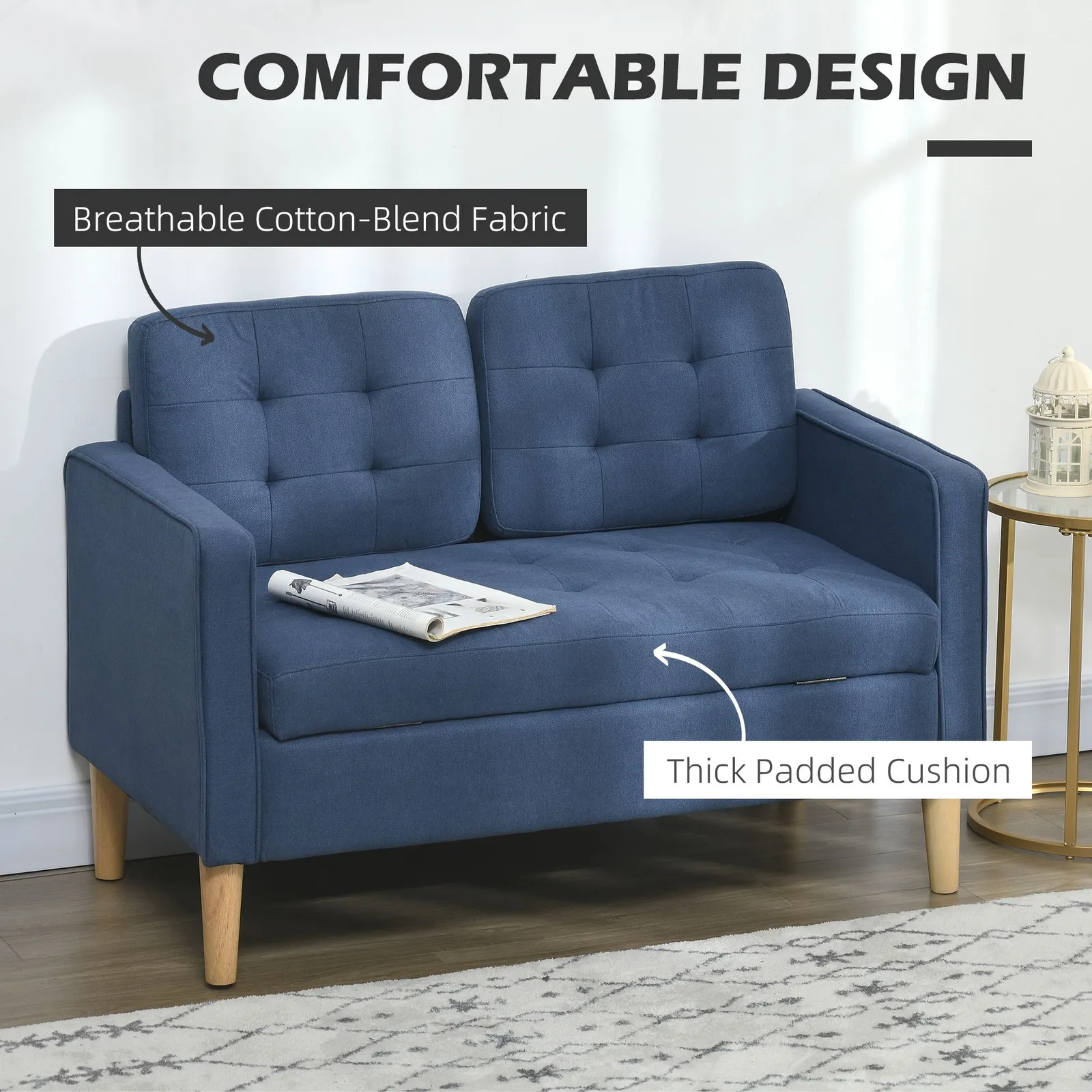 HOMCOM Compact Loveseat Sofa 2 Seater Sofa with Storage & Wood Legs in Blue 5