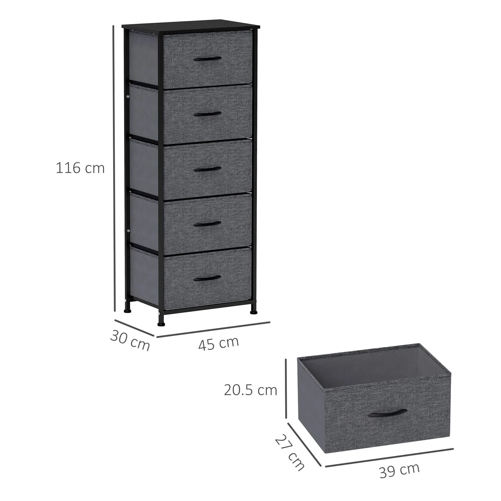 HOMCOM 5 Drawer Fabric Chest of Drawers w/ Wooden Top, Dark Grey 3