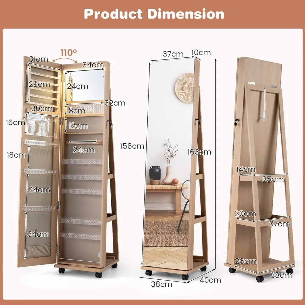 Costway 3-in-1 Jewelry Cabinet 360° Swivel Mirror Jewelry Armoire in Natural 2