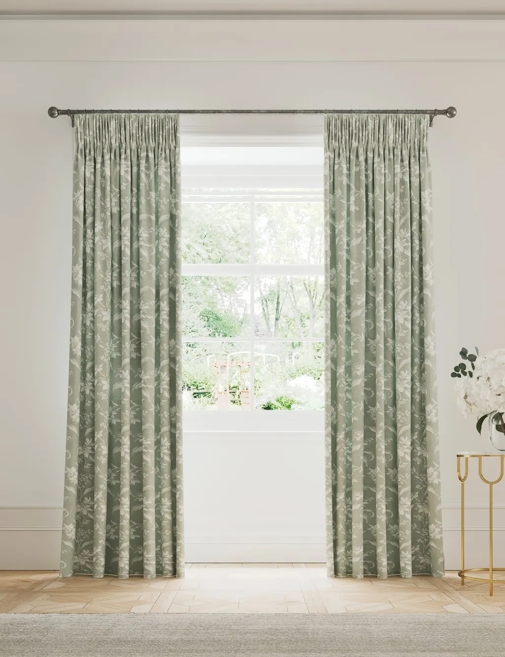 V&A Daffodil Pure Cotton Pencil Pleat Blackout Curtains Green Mix