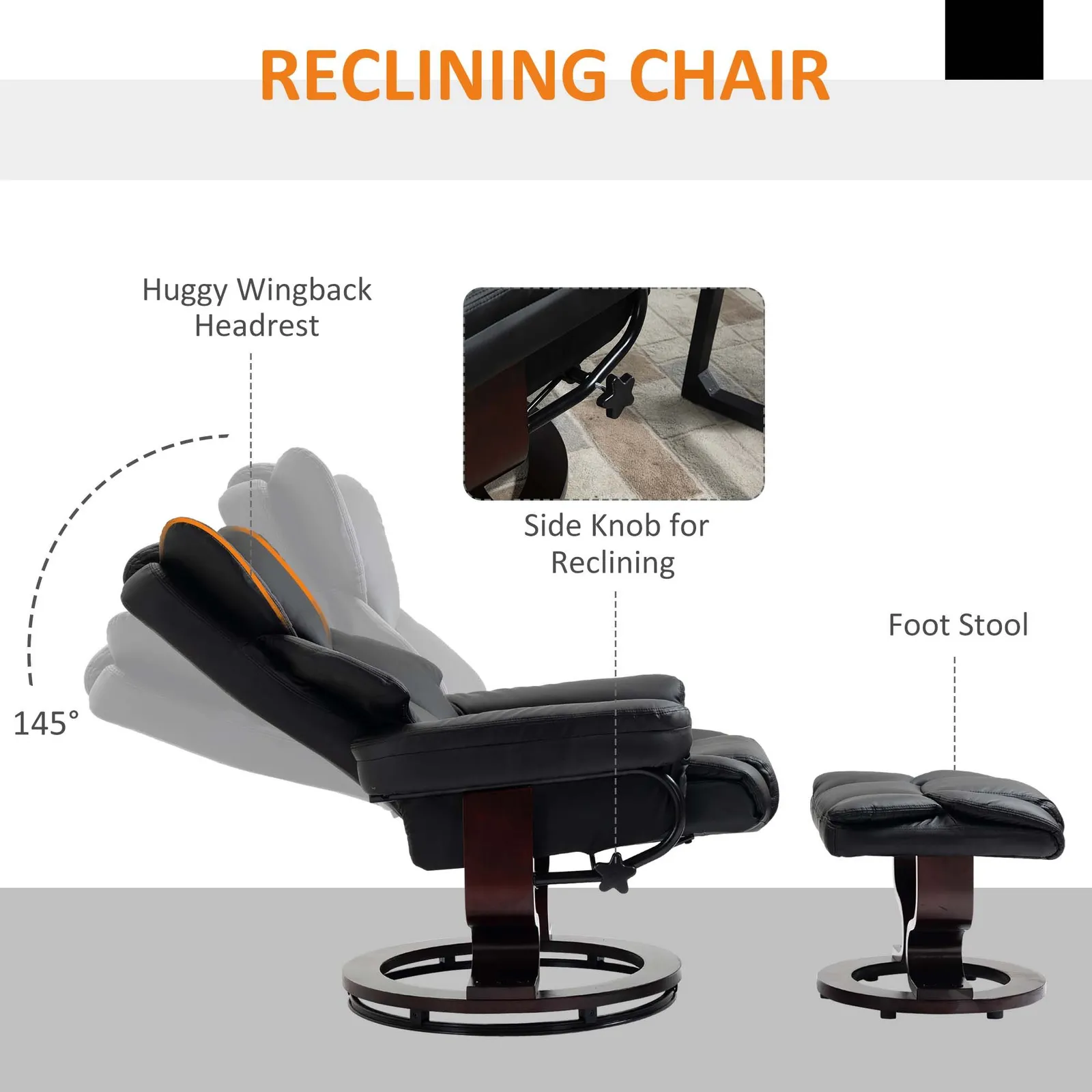 HOMCOM Padded PU Leather Manual Reclining Armchair Sofa Chair w/ Footstool in Black 4