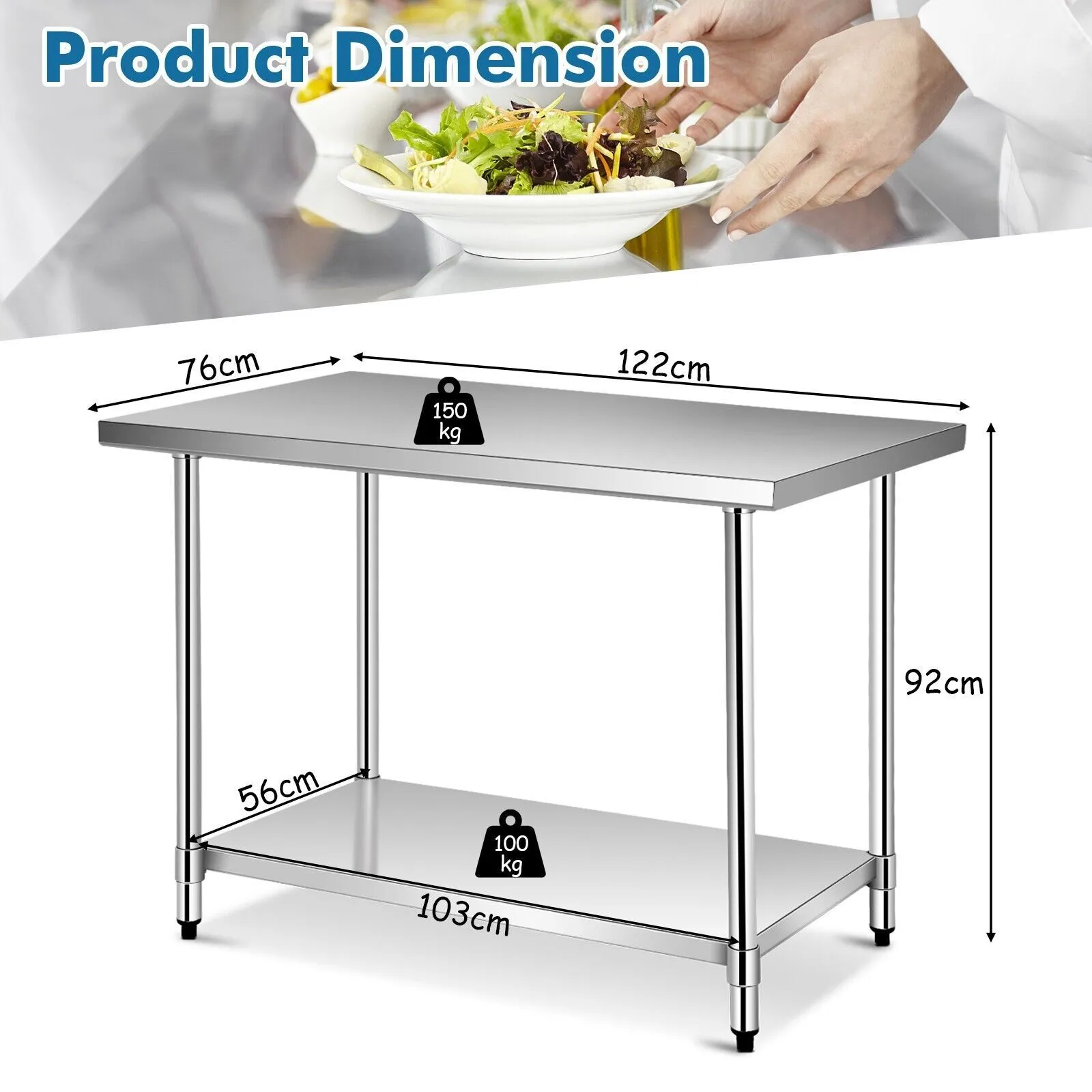 Costway 122 x 76 cm Stainless Steel Kitchen Prep Table Rolling Work Table Commercial Catering Table in Silver 2