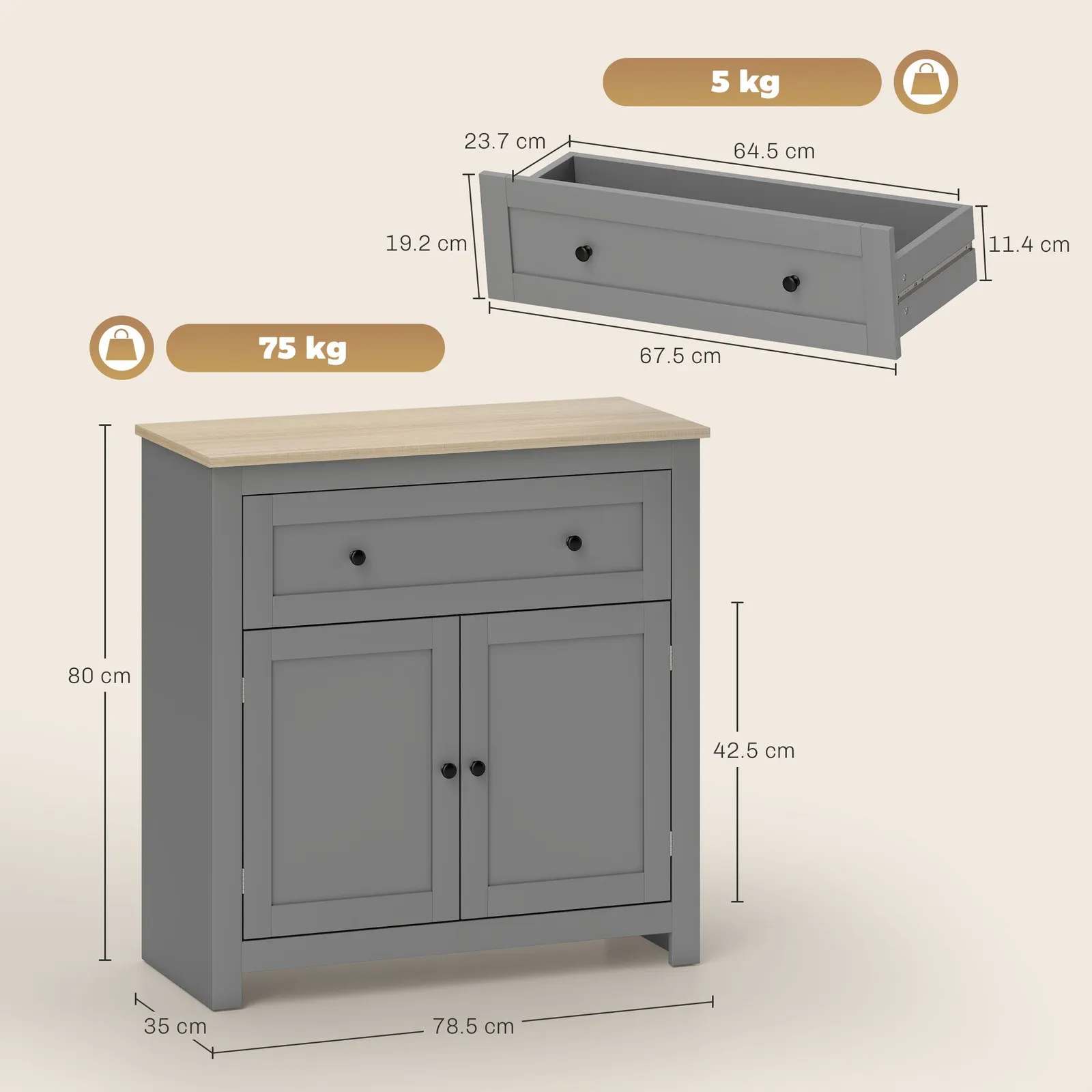 HOMCOM Sideboard Storage Cabinet with Adjustable Shelf, Drawer in Grey 3