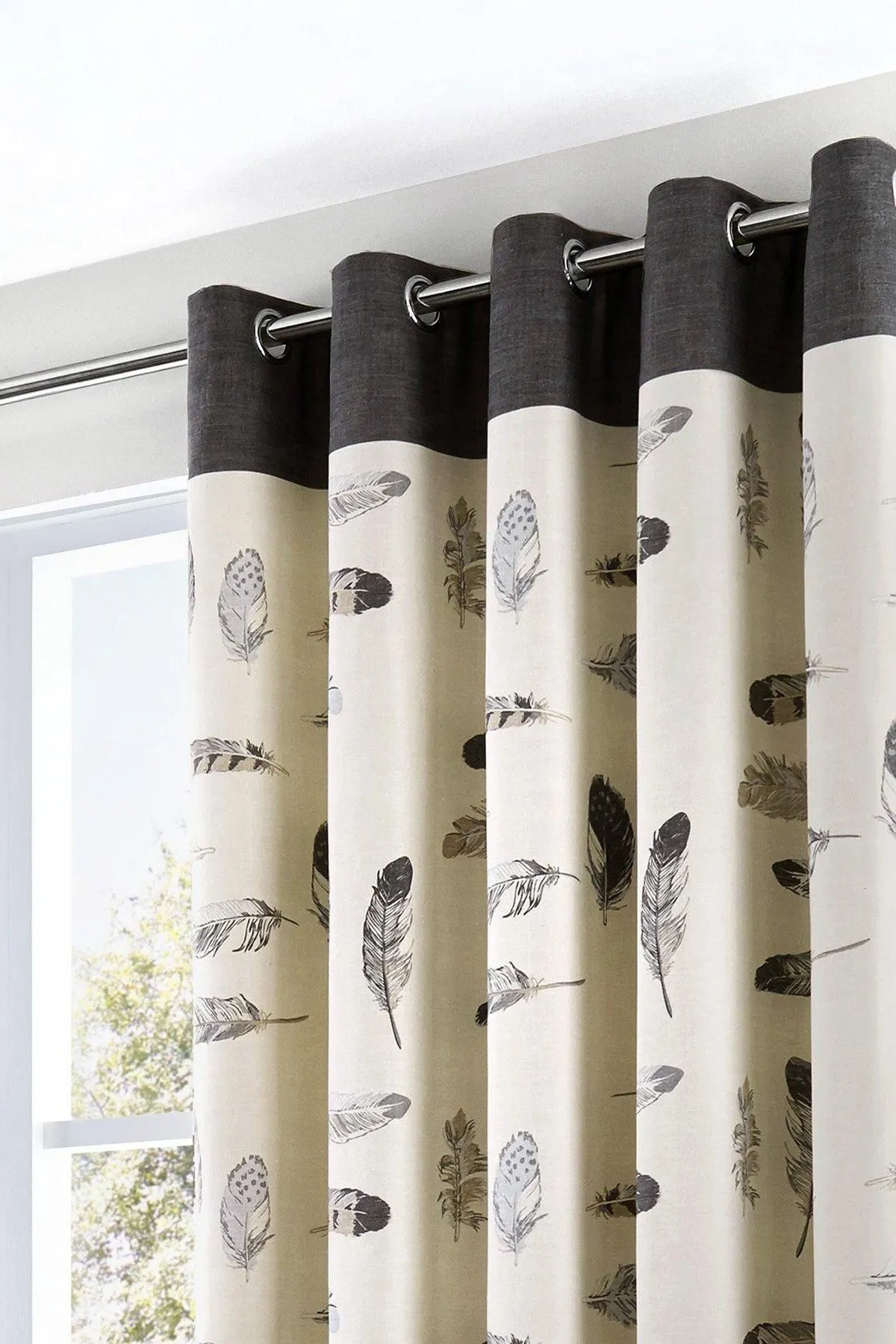 Fusion 'Idaho' 100% Cotton Feather Motif Pair of Eyelet Curtains in Charcoal 2