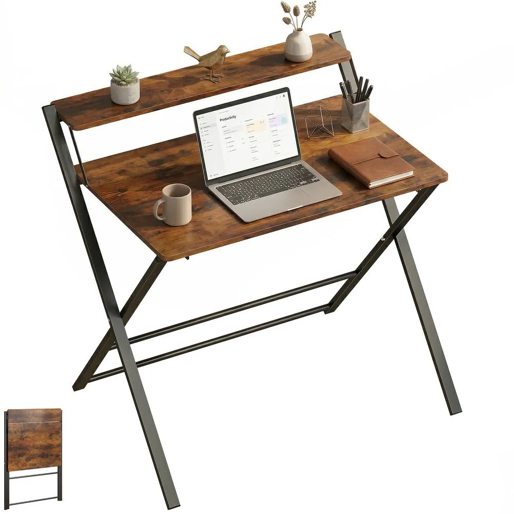 HOMCOM Folding Desk with 2-Tier Shelf for Home Office in Brown 2