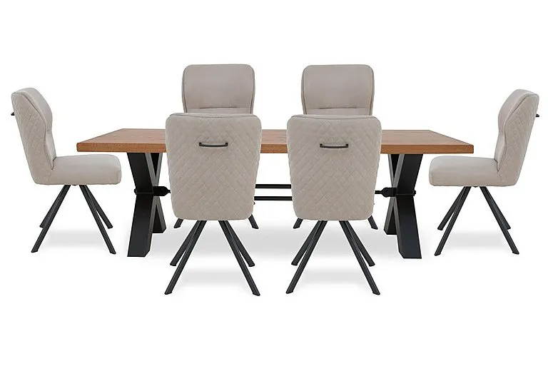 Terra Straight Edge Dining Table with Tension Bolt X-Leg and 6 Taupe Fabric Swivel Chairs - 220-cm - Storm Wood