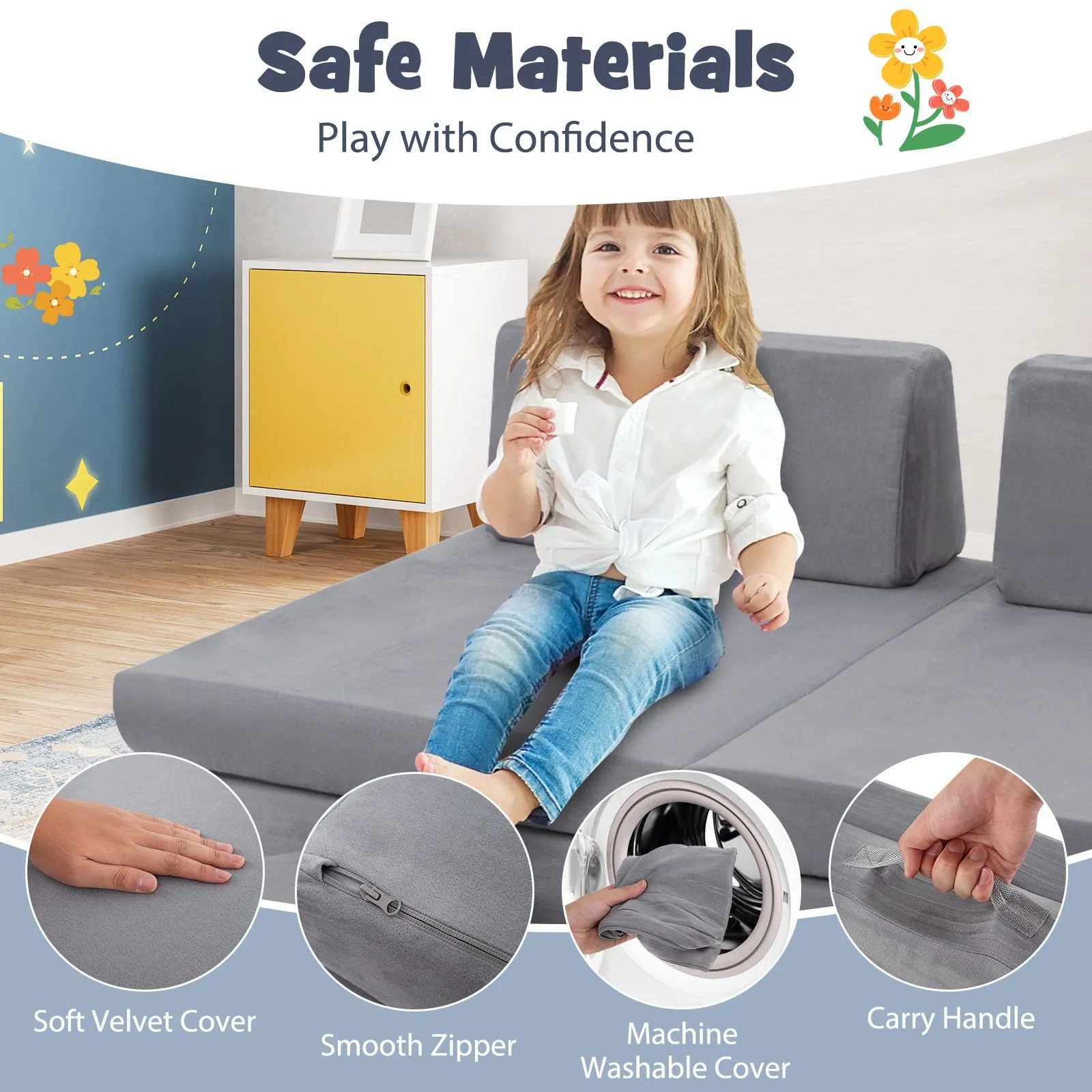 Costway 6 PCS Modular Play Couch Convertible Foam Sofa Set in Grey 6
