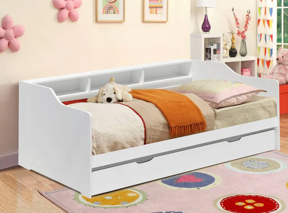 Comfy Living Ltd 3ft Wooden Bed With Shelving & Pull Out Trundle in White 2