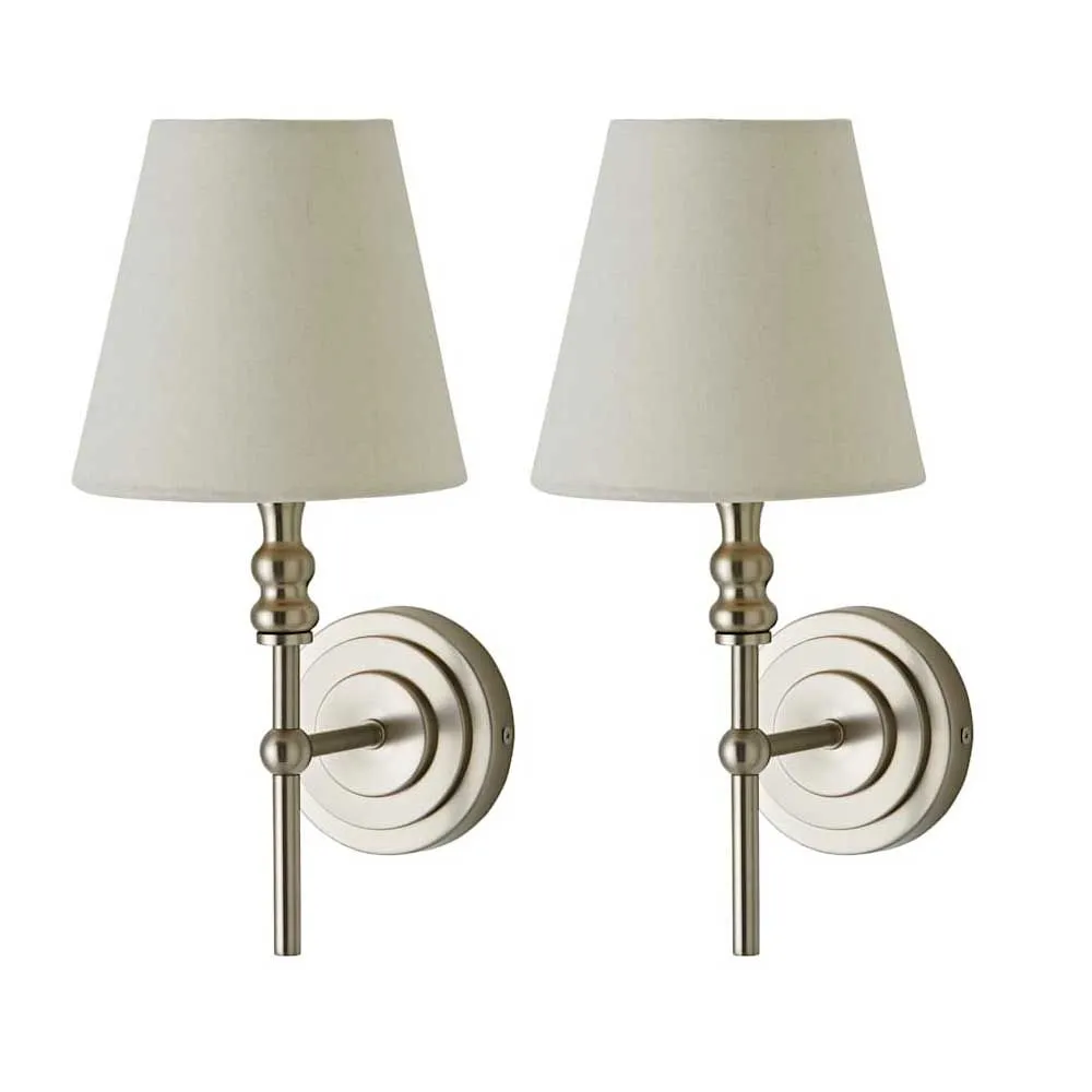 ValueLights Maggie Pair of Wall Lights with Linen Tapered Lamp Shades & Bulbs in Silver 1