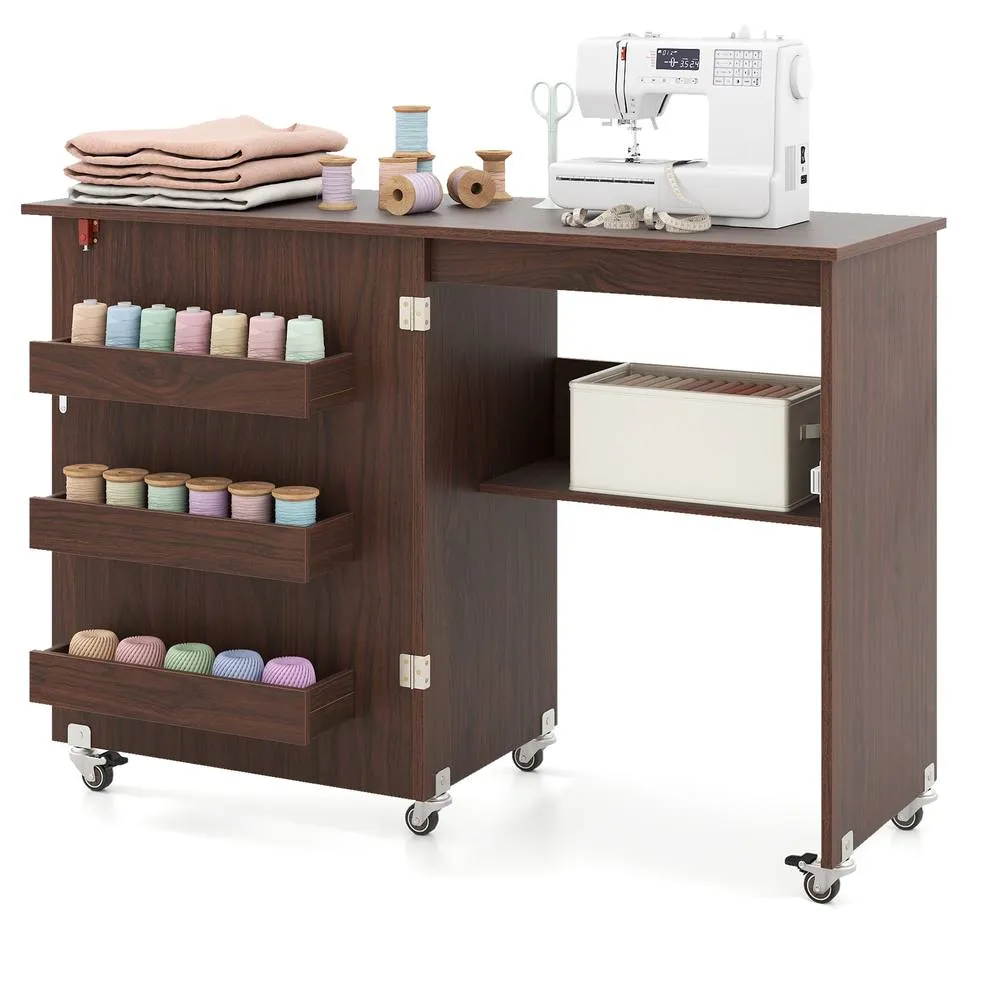 Costway Folding Sewing Table Craft Station w/ Storage Shelf 3 Hidden Bins in Brown