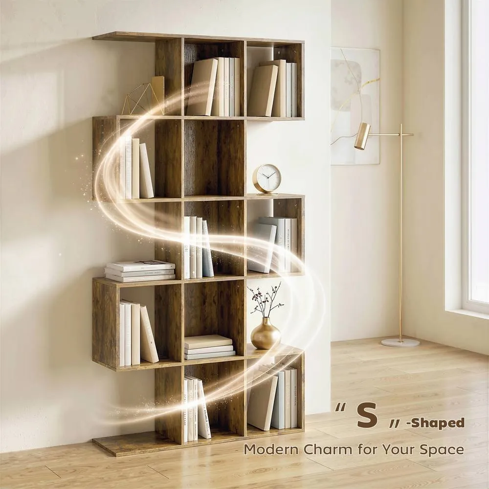 HOMCOM Geometric Bookshelf, 5-Tier S Shaped Bookcase in Brown 4
