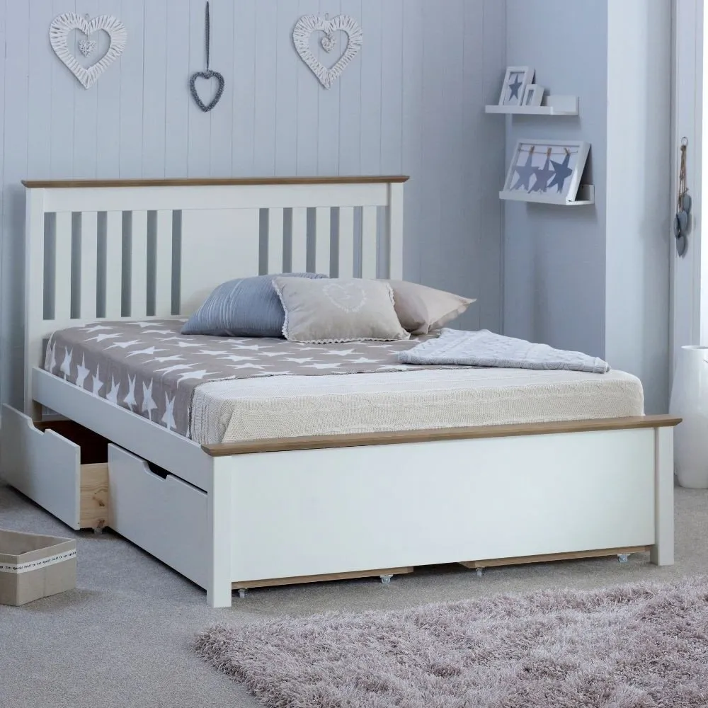 Chester - Double Bed - White and Oak - Wooden - Low Foot-End - 4ft6 - Happy Beds