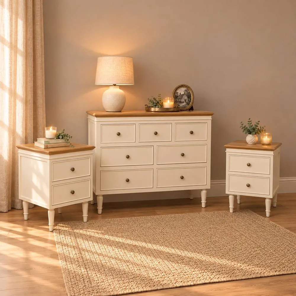 Melody Maison Chest of 7 Drawers & Pair of Bedside Tables - Claudia Range in Cream 2