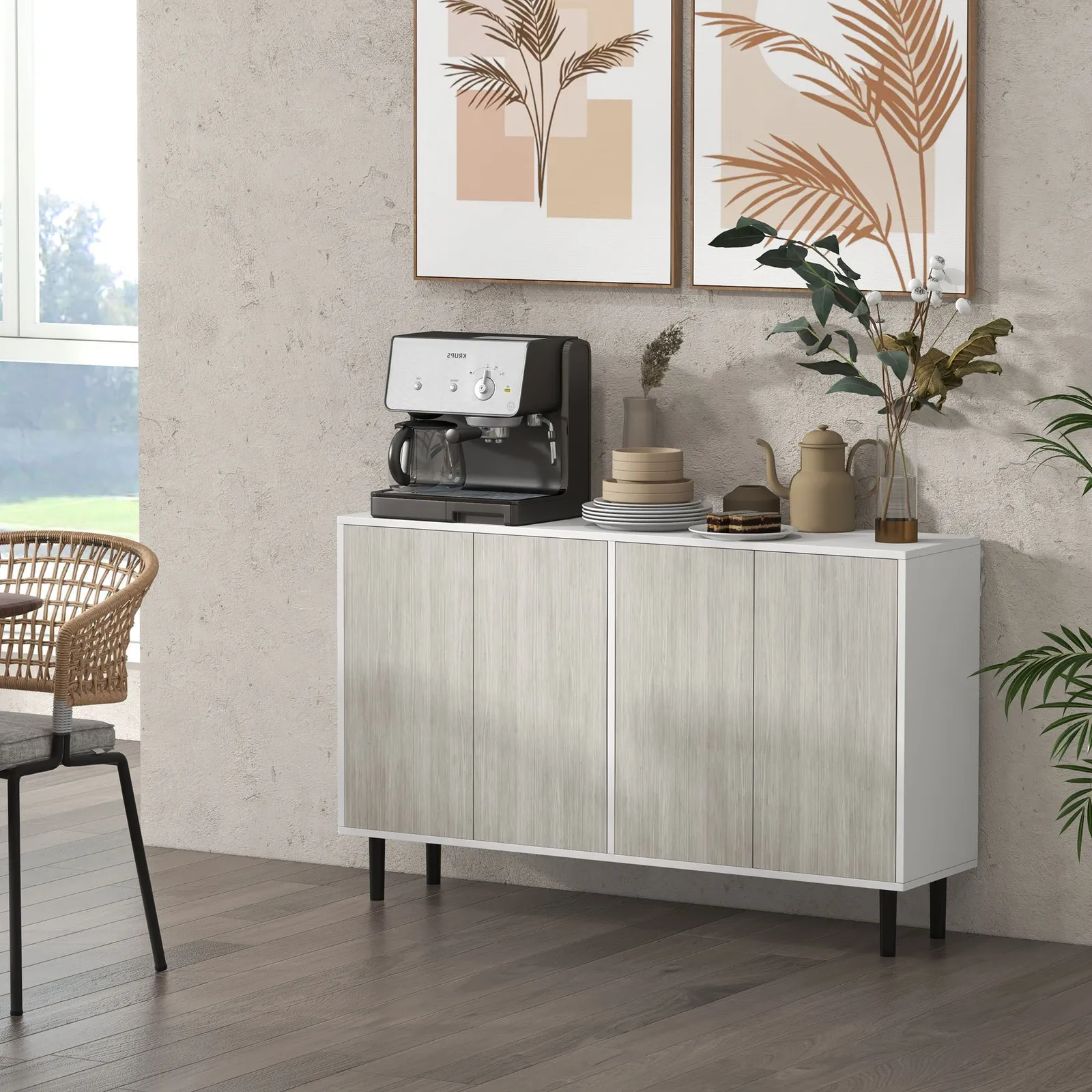 HOMCOM Sideboard Storage Cabinet for Living Room with Adjustable Shelves in White