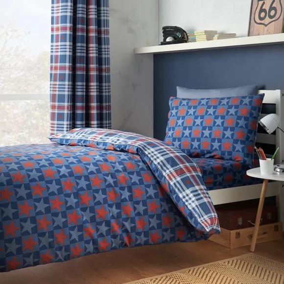 Catherine Lansfield Stars and Check Quilt Cover and Pillowcase Set 2