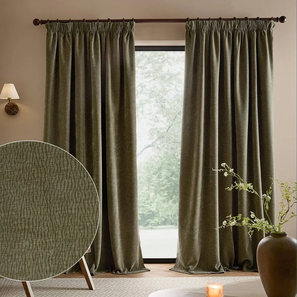 Yard Heath Washed Velvet Fully Lined Pencil Pleat Curtain Pair in Green 1