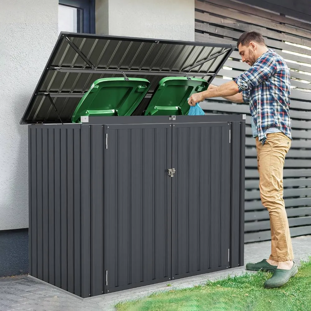 Costway Outdoor Trash Can Storage Shed Large Lockable Garden Shed w/ 2 Doors in Dark Grey