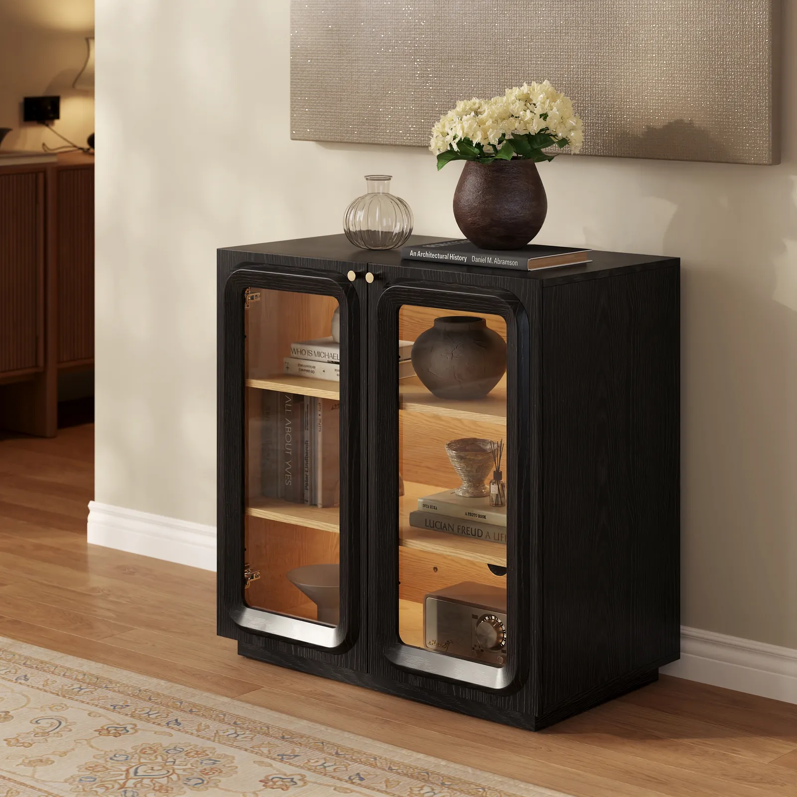 31" Ash Wood Veneer TV Stand with Glass Doors, Chest Cabinet and LED