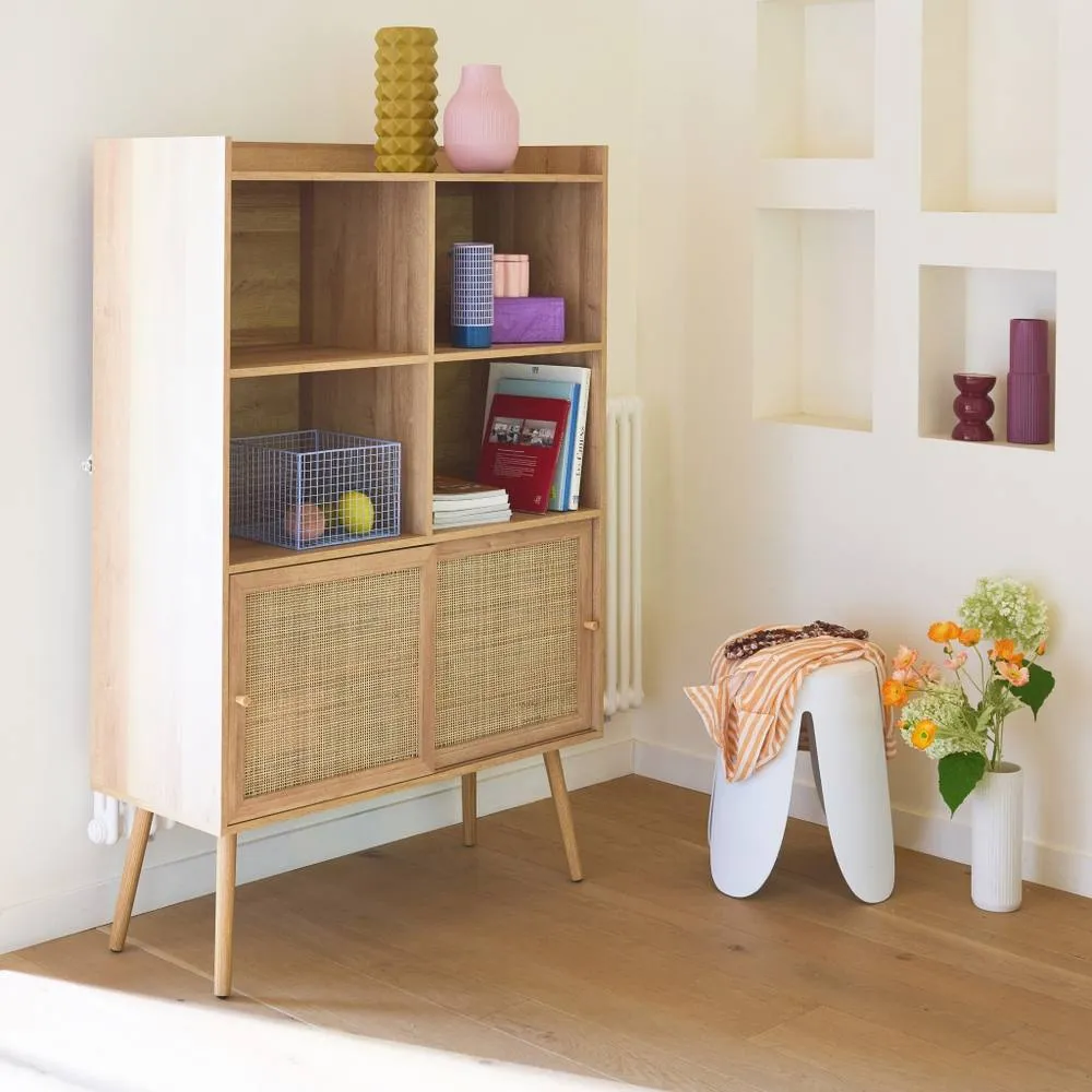 sweeek 5-shelf Bookcase Sliding Doors With Wood & Cane Effect in Light Brown